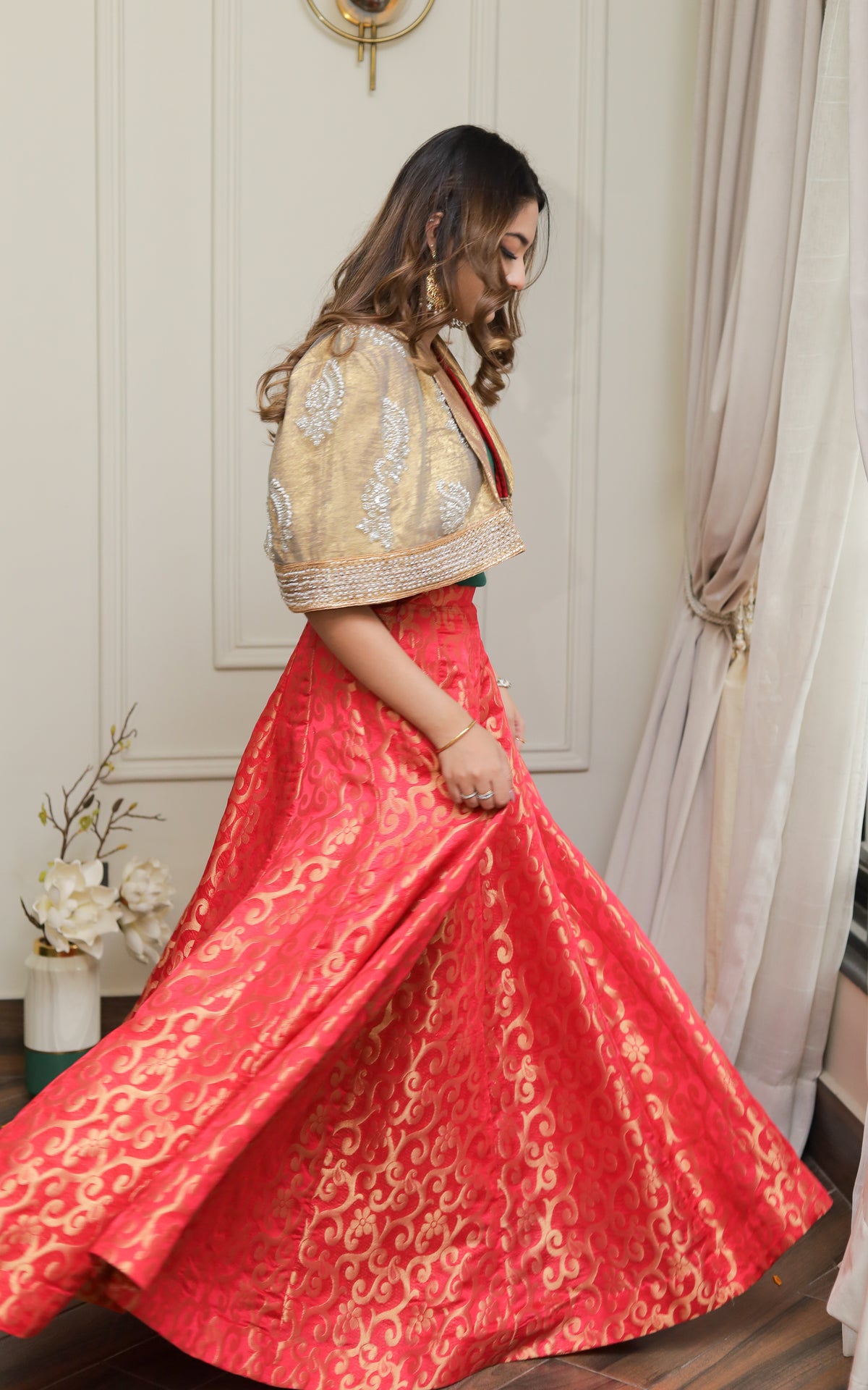 Trendy Golder Cape with Traditional Lehenga