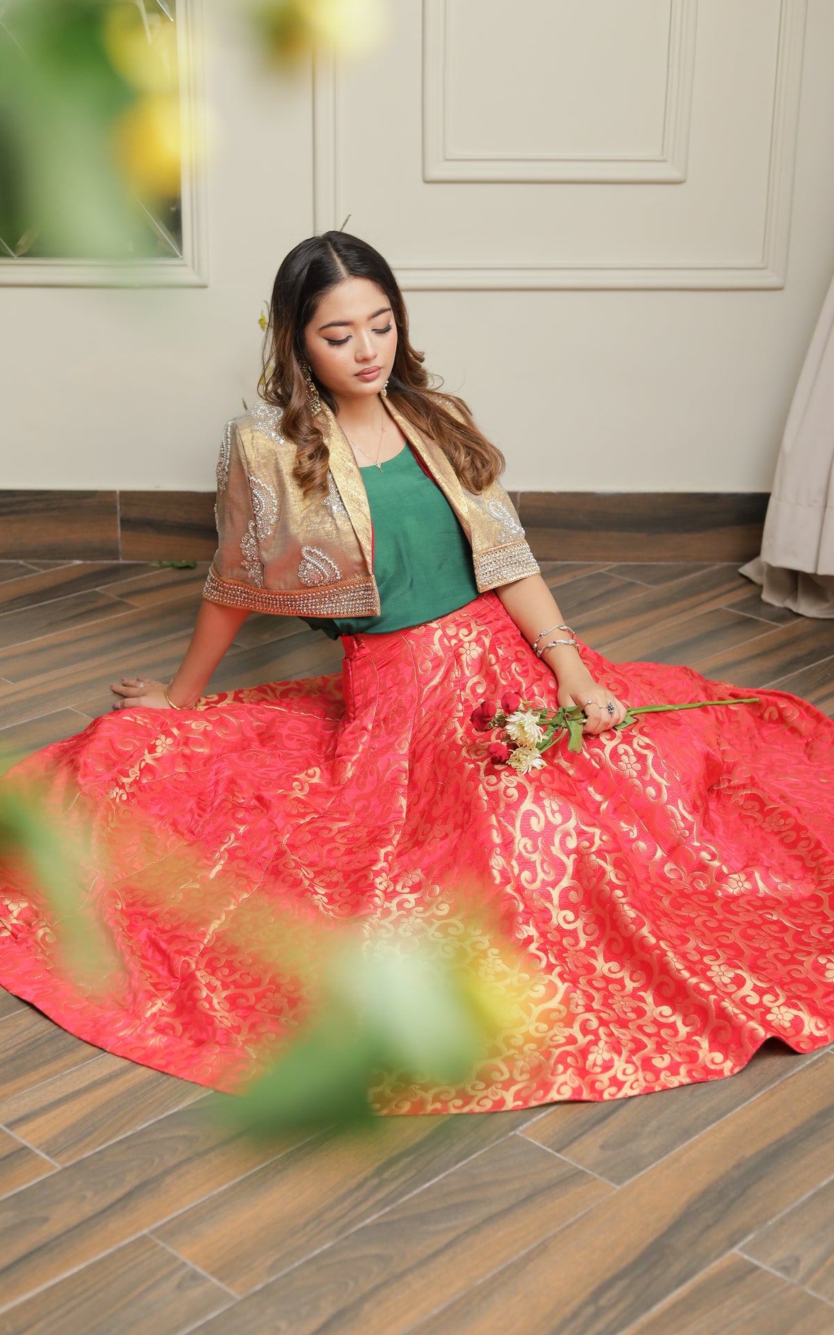 Trendy Golder Cape with Traditional Lehenga