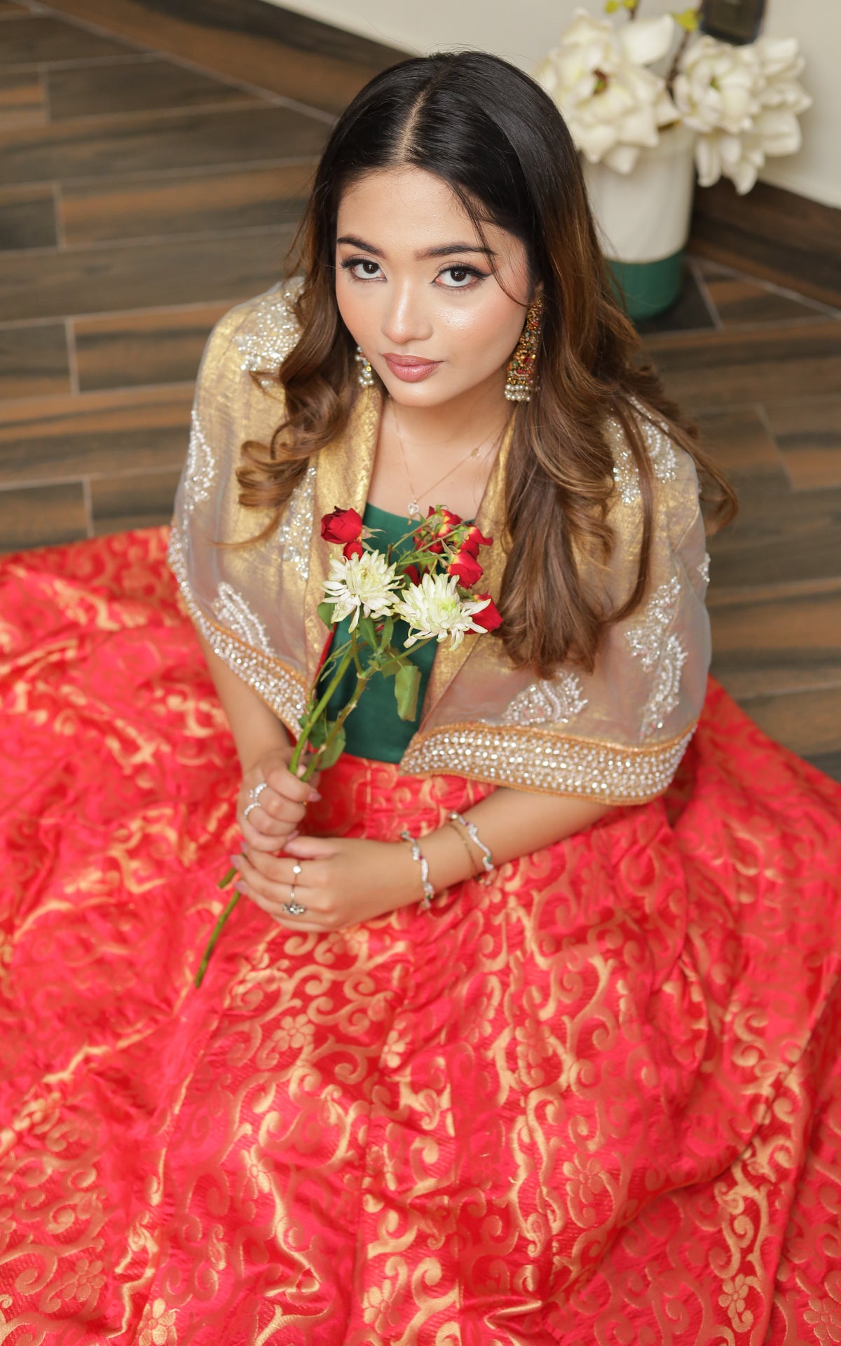 Trendy Golder Cape with Traditional Lehenga