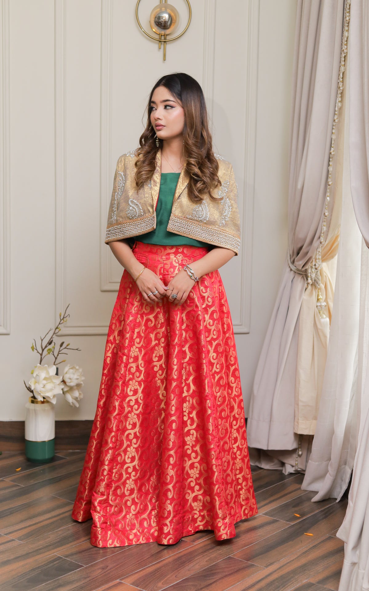 Trendy Golder Cape with Traditional Lehenga