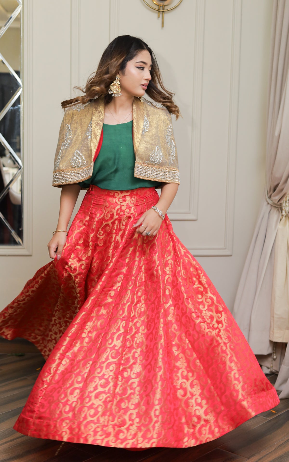 Trendy Golder Cape with Traditional Lehenga
